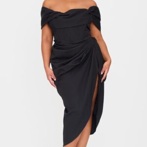 PrettyLittleThing Plus Black Corset Bardot Draped Midi Dress