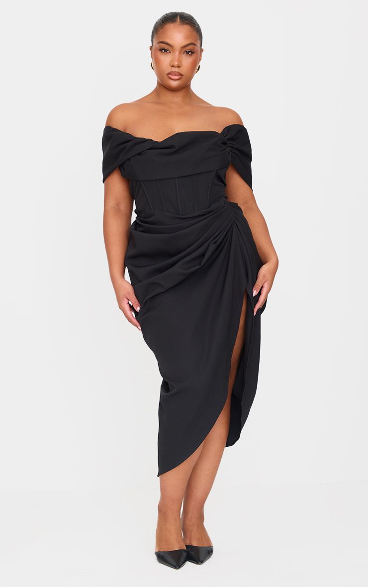 PrettyLittleThing Plus Black Corset Bardot Draped Midi Dress