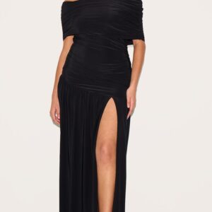 PrettyLittleThing Plus Black Double Layer Slinky Bardot Ruched Maxi Dress