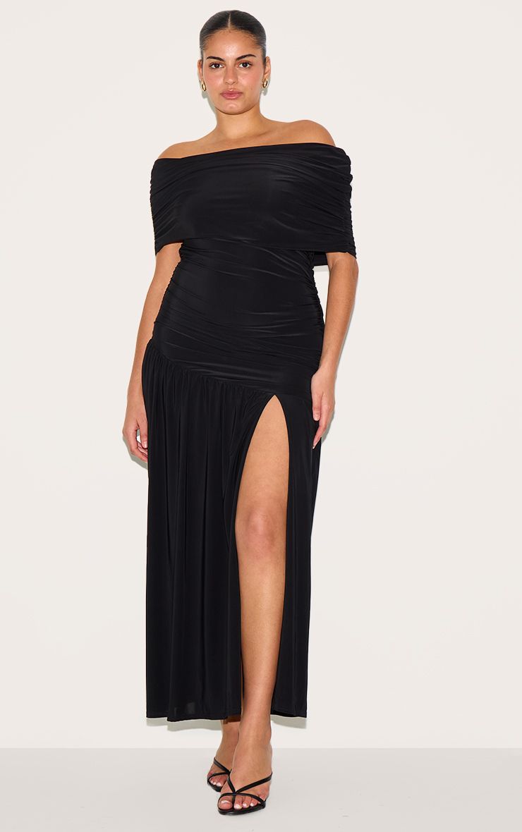PrettyLittleThing Plus Black Double Layer Slinky Bardot Ruched Maxi Dress