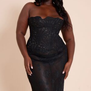 PrettyLittleThing Plus Black Textured bandeau Sheer Floral Lace Corset