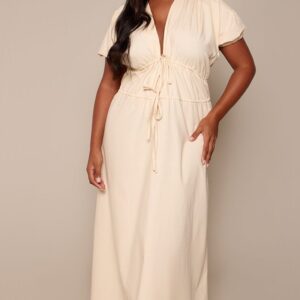 PrettyLittleThing Plus Buttermilk Tie Front Cotton Midaxi Dress