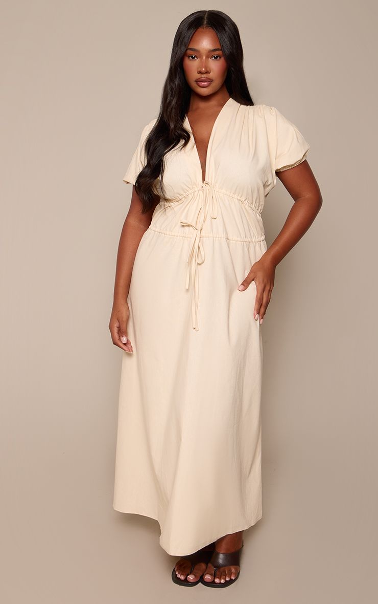 PrettyLittleThing Plus Buttermilk Tie Front Cotton Midaxi Dress