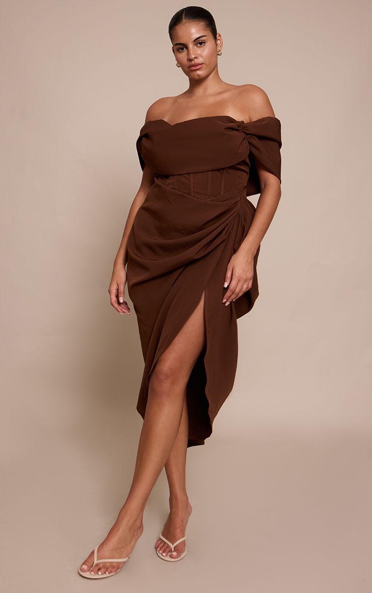 PrettyLittleThing Plus Chocolate Corset Bardot Draped Midi Dress