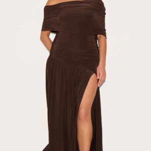 PrettyLittleThing Plus Chocolate Double Layer Slinky Bardot Ruched Maxi Dress