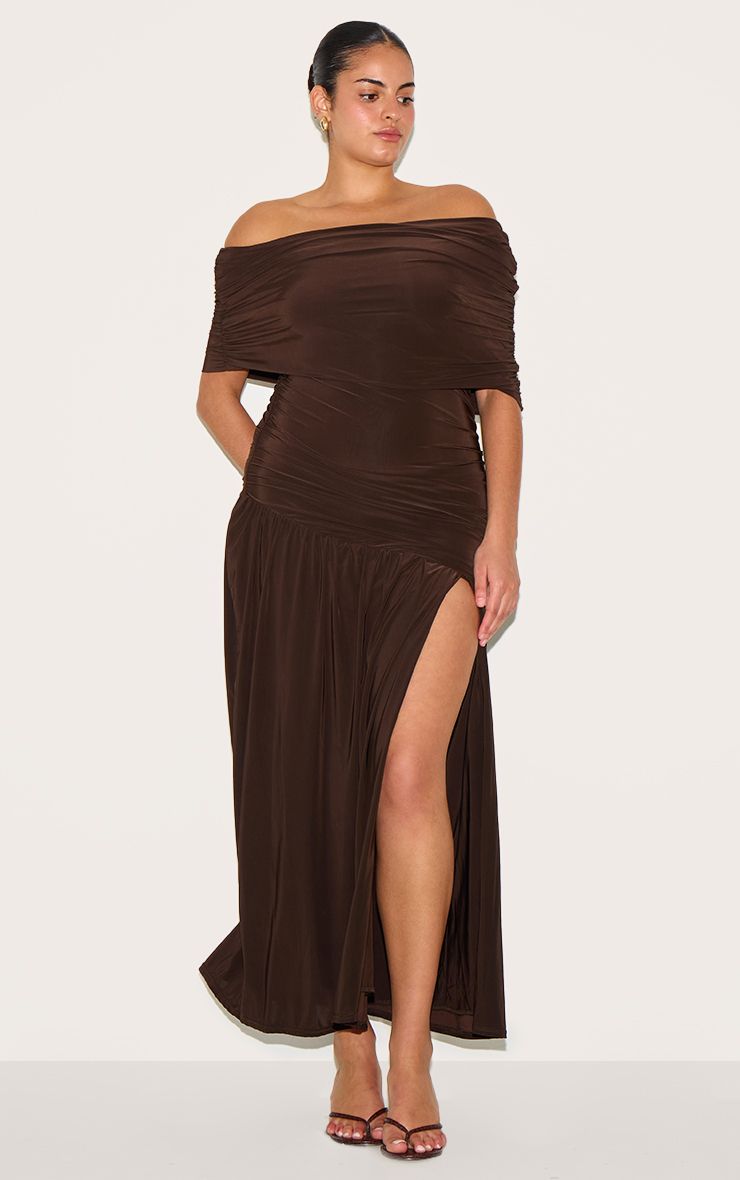 PrettyLittleThing Plus Chocolate Double Layer Slinky Bardot Ruched Maxi Dress