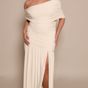 PrettyLittleThing Plus Cream Double Layer Slinky Bardot Ruched Maxi Dress Plus Cream Double Layer Slinky Bardot Ruched Maxi Dress