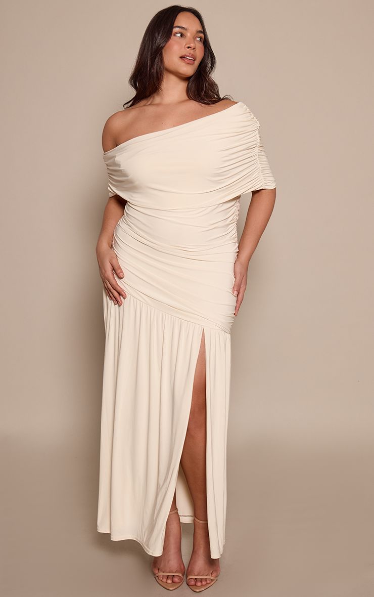 PrettyLittleThing Plus Cream Double Layer Slinky Bardot Ruched Maxi Dress
