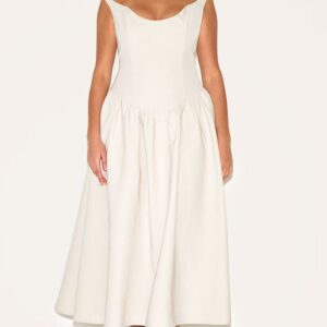 PrettyLittleThing Plus Cream Woven Dipped Bardot Ruched Midaxi Dress Plus Cream Woven Dipped Bardot Ruched Midaxi Dress