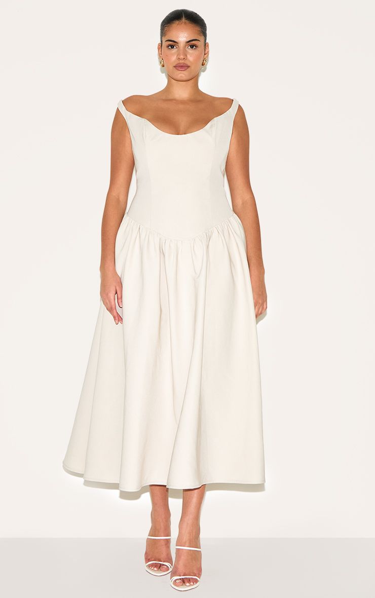 PrettyLittleThing Plus Cream Woven Dipped Bardot Ruched Midaxi Dress