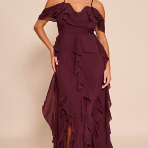 PrettyLittleThing Plus Plum Cold Shoulder Ruffle Detail Strappy Maxi Dress Plus Plum Cold Shoulder Ruffle Detail Strappy Maxi Dress