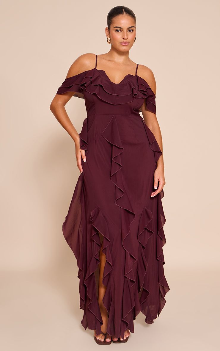 PrettyLittleThing Plus Plum Cold Shoulder Ruffle Detail Strappy Maxi Dress