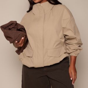 PrettyLittleThing Plus Stone Ruched Sleeve Detail Funnel Neck Bomber Plus Stone Ruched Sleeve Detail Funnel Neck Bomber