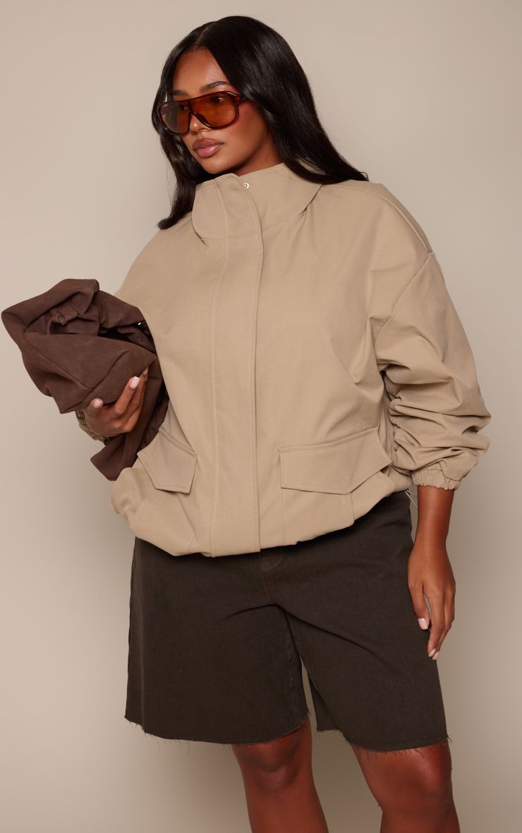 PrettyLittleThing Plus Stone Ruched Sleeve Detail Funnel Neck Bomber
