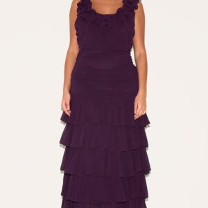 PrettyLittleThing Plus Wine Chiffon Ruched Ruffle Maxi Dress