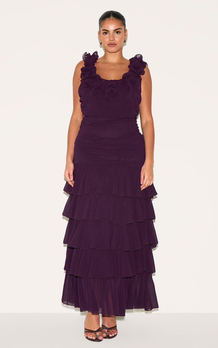 PrettyLittleThing Plus Wine Chiffon Ruched Ruffle Maxi Dress
