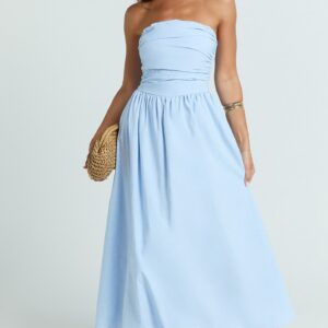 Showpo Polly Midi Dress - Strapless Ruched Dress in Blue