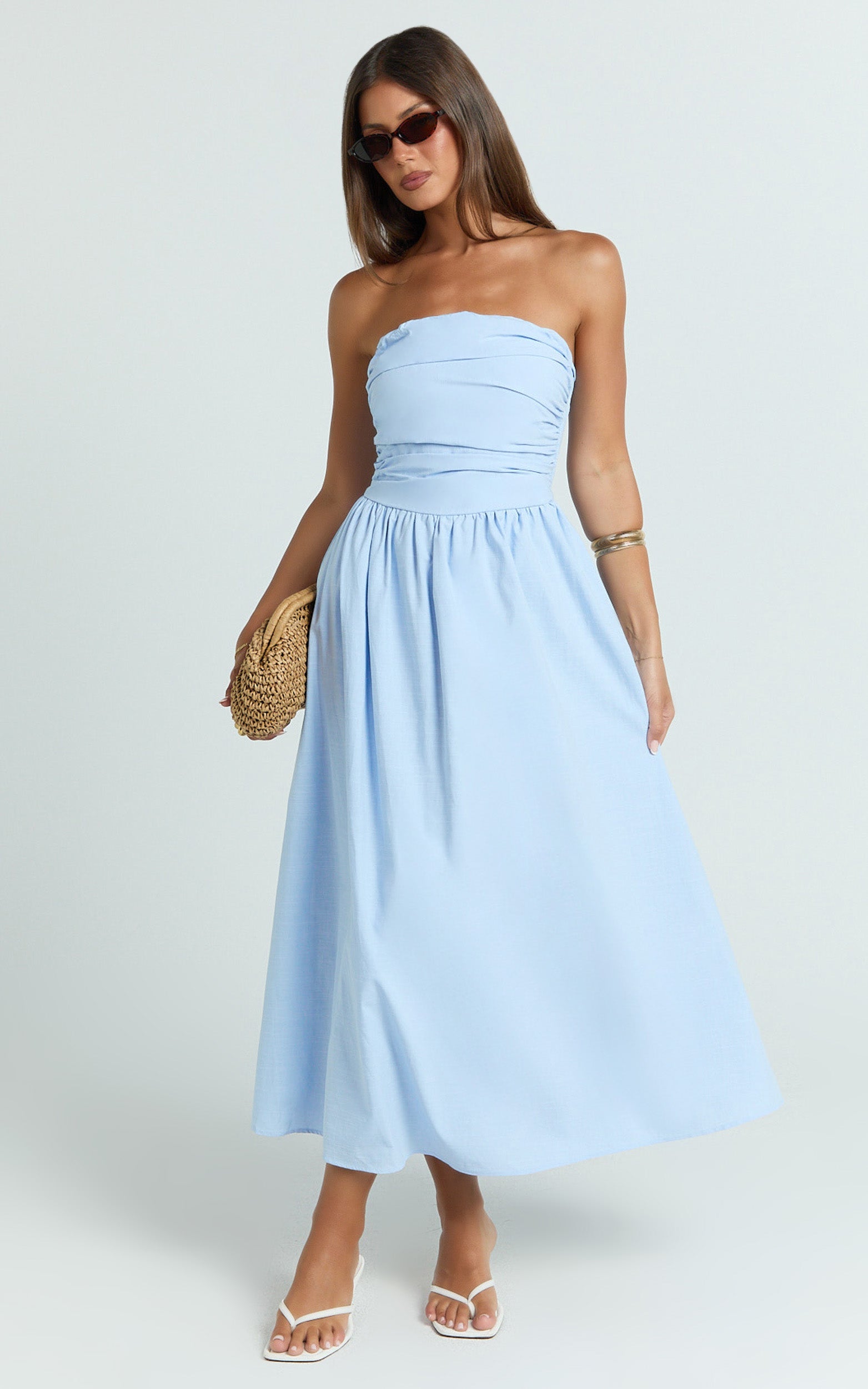 Showpo Polly Midi Dress - Strapless Ruched Dress in Blue