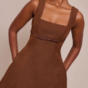 Premium Chocolate Woven Belt Detail Shift Dress