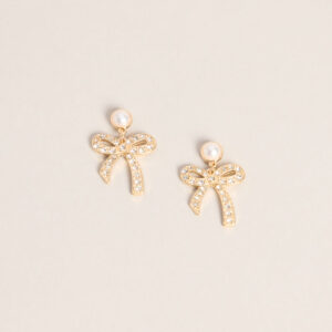 Pretty Please Pearl Rhinestone Bow Drop Earrings