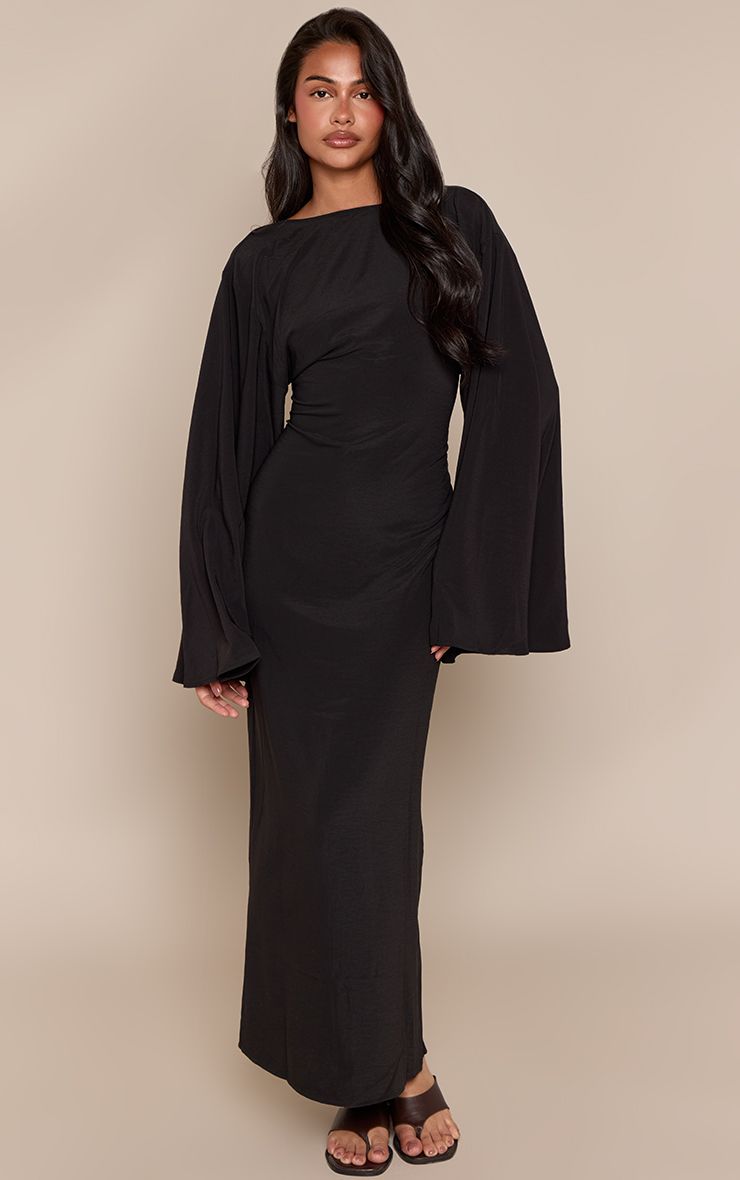 PrettyLittleThing Black Floaty Woven Flared Sleeve Maxi Dress - Image 3