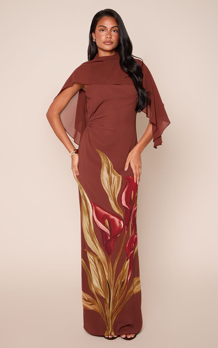 PrettyLittleThing Brown Floral Printed Chiffon Cape Overlay Maxi Dress - Image 3