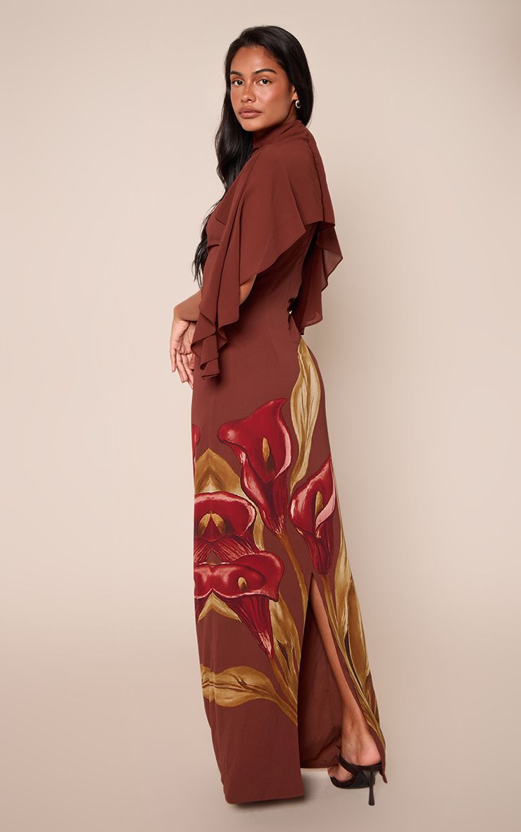 PrettyLittleThing Brown Floral Printed Chiffon Cape Overlay Maxi Dress - Image 2
