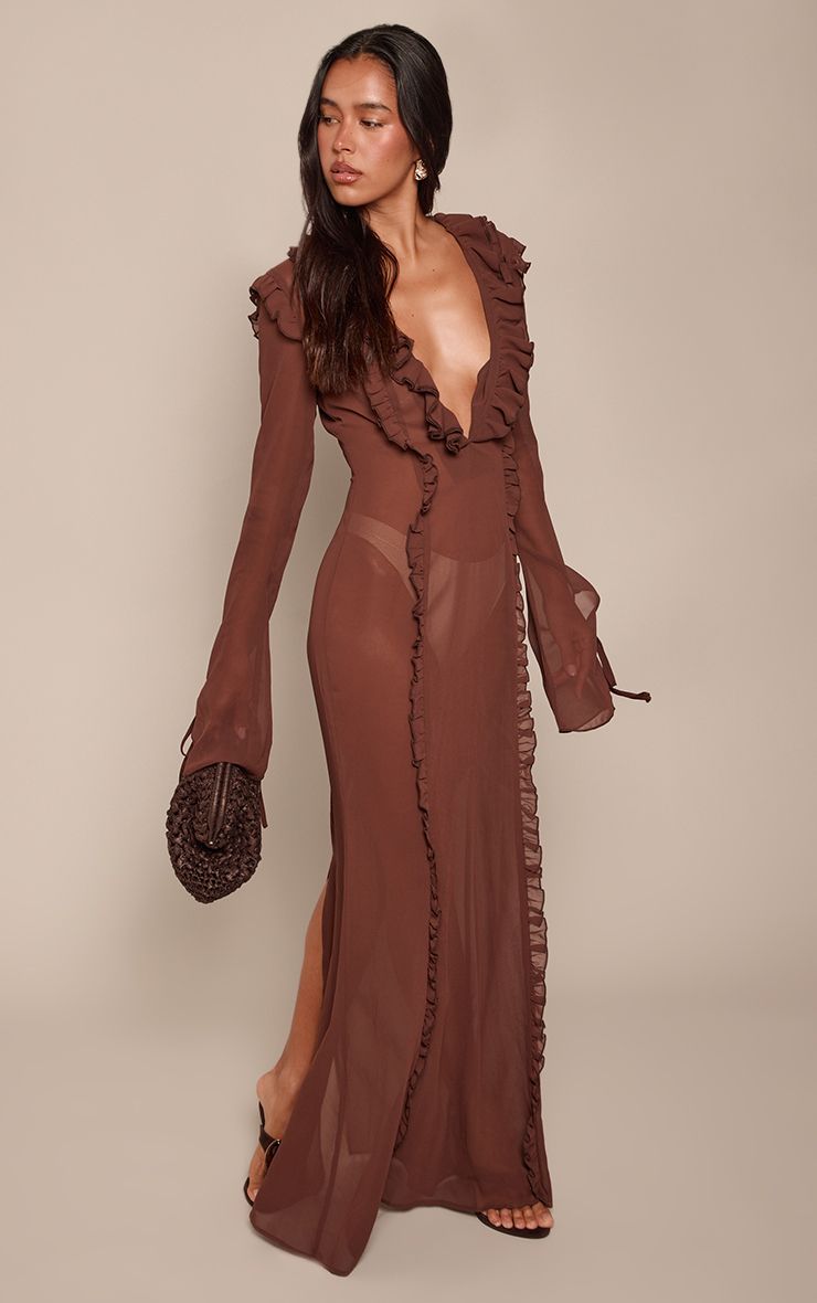 PrettyLittleThing Chocolate Chiffon Long Sleeve Ruffle Detail Maxi Dress - Image 3