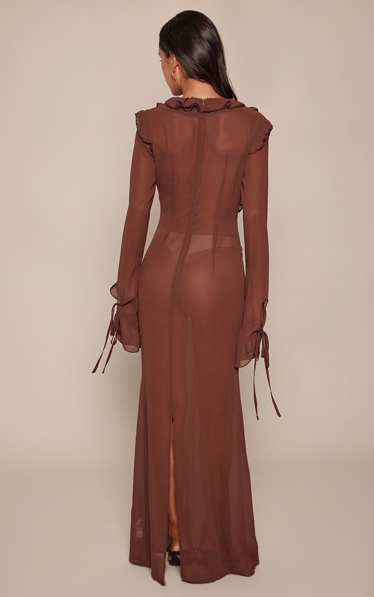 PrettyLittleThing Chocolate Chiffon Long Sleeve Ruffle Detail Maxi Dress - Image 2