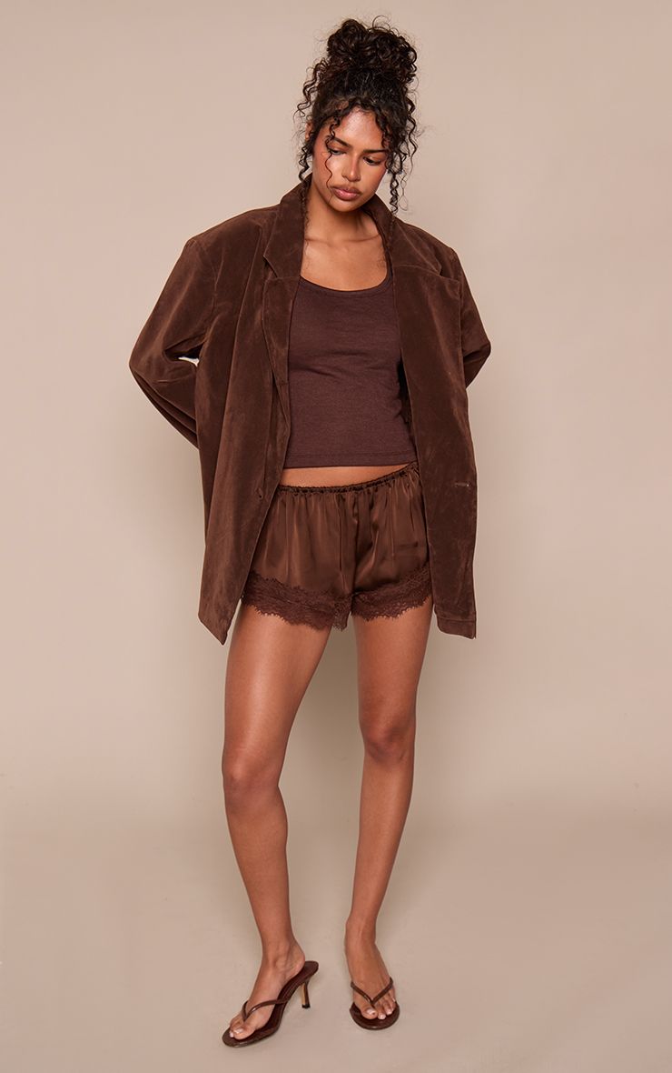 PrettyLittleThing Chocolate Faux Suede Boxy Asymmetric Blazer - Image 3