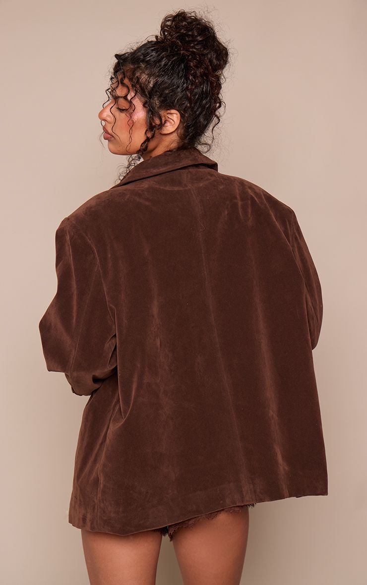 PrettyLittleThing Chocolate Faux Suede Boxy Asymmetric Blazer - Image 2