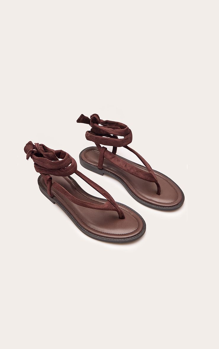 PrettyLittleThing Chocolate Faux Suede Tube Strap Toe Thong Sandals - Image 3