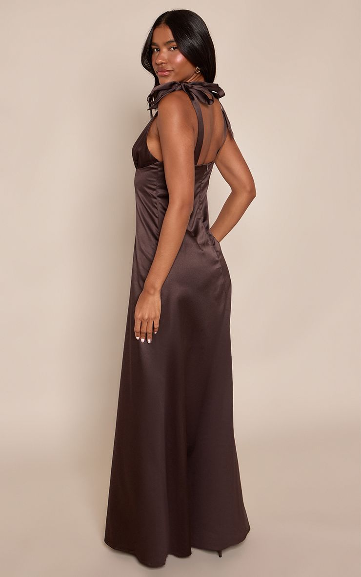 PrettyLittleThing Chocolate Satin Tie Shoulder Maxi Dress - Image 3