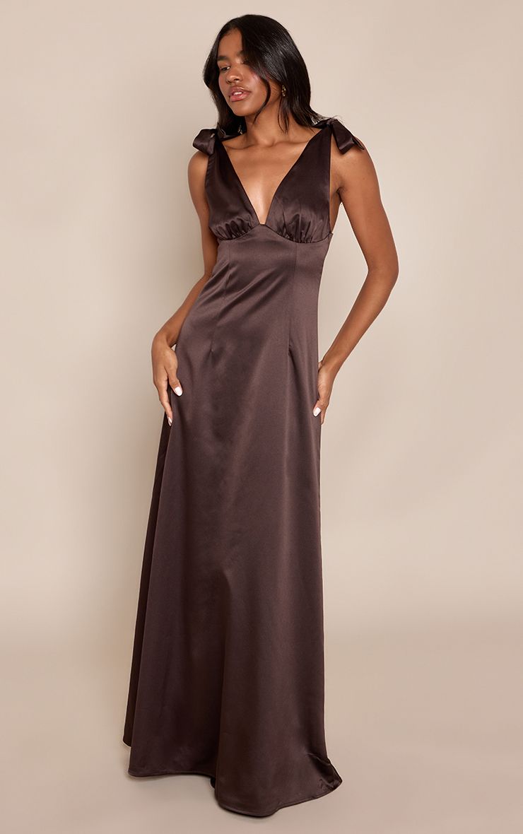 PrettyLittleThing Chocolate Satin Tie Shoulder Maxi Dress - Image 2