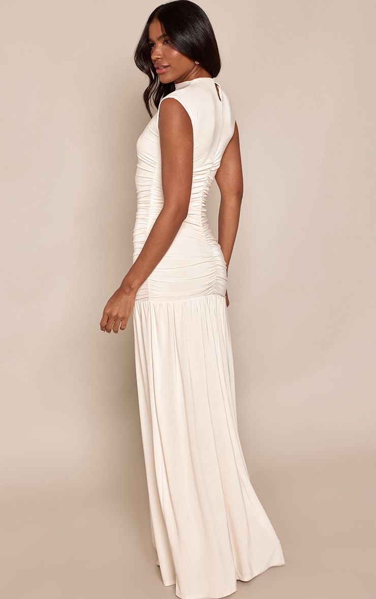 PrettyLittleThing Cream Double Layer Slinky Cap Sleeve Drop Waist Maxi Dress - Image 2