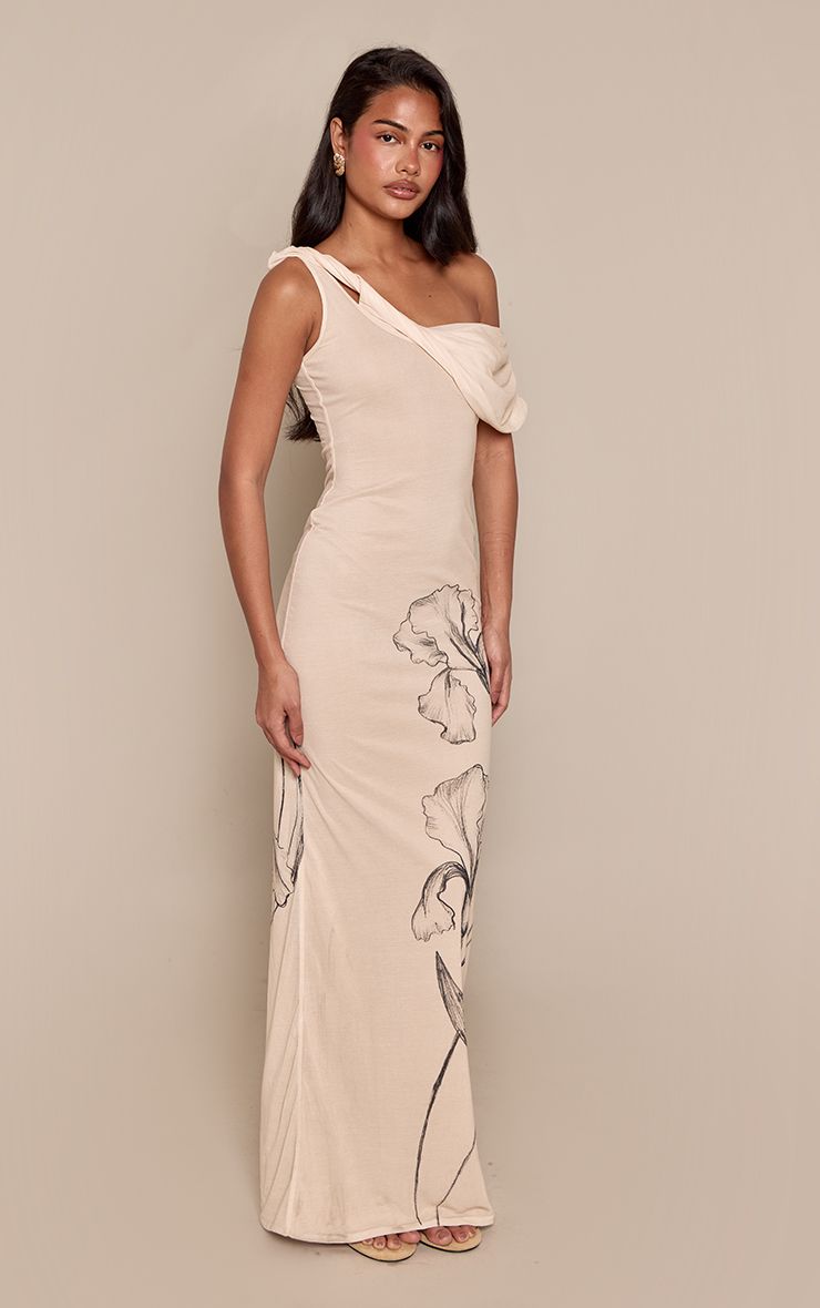 PrettyLittleThing Cream Floral Print Drape Asymmetric Maxi Dress - Image 3