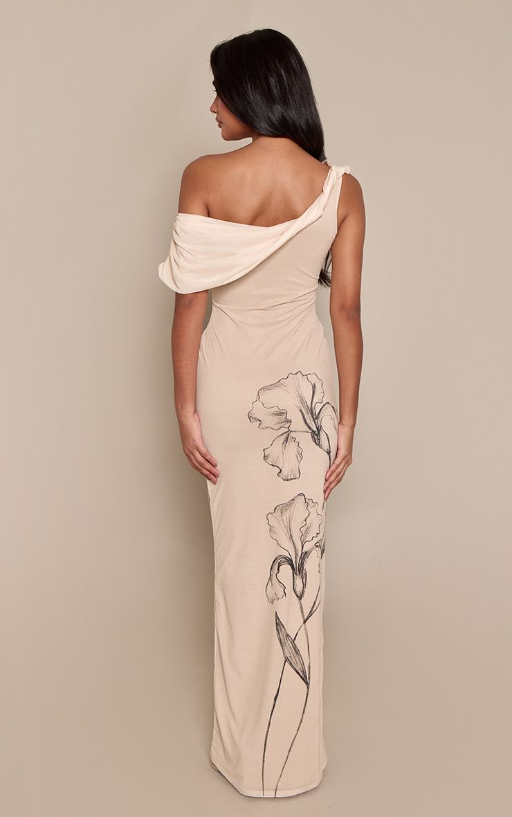 PrettyLittleThing Cream Floral Print Drape Asymmetric Maxi Dress - Image 2
