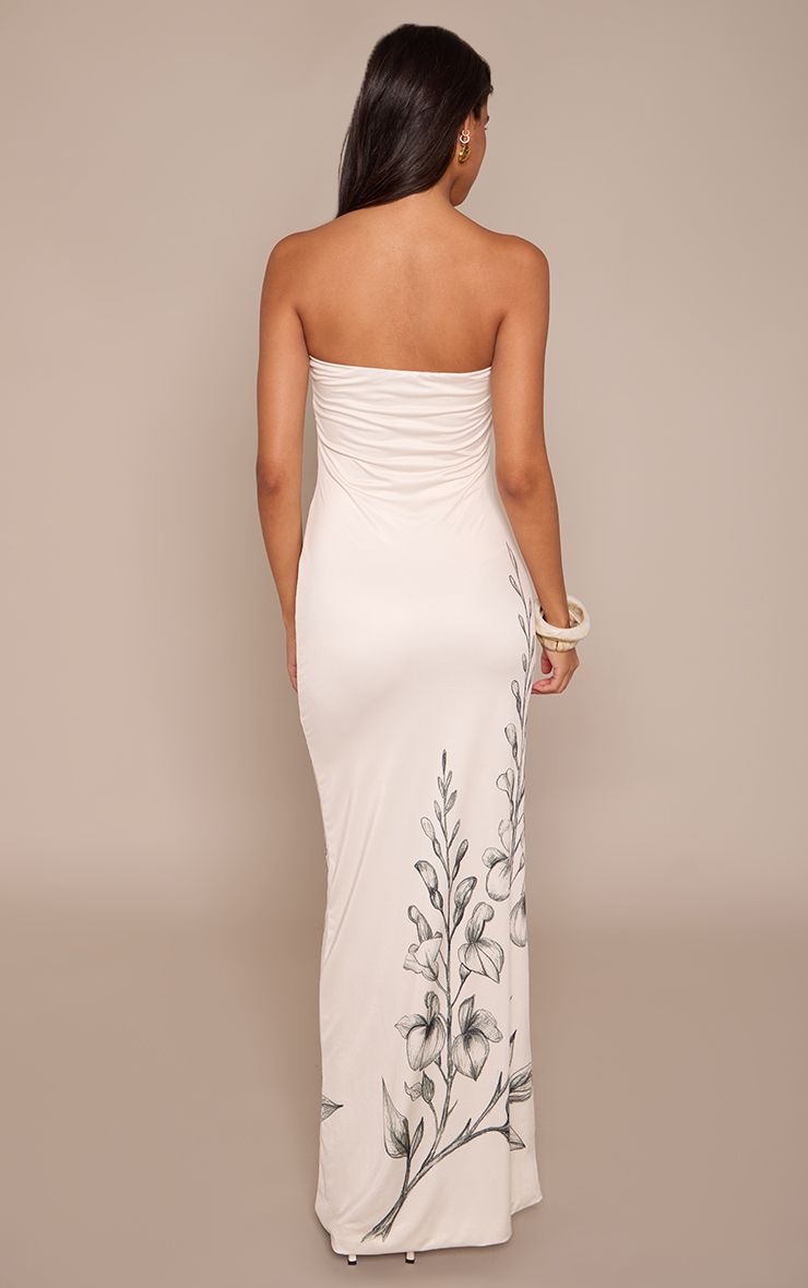 PrettyLittleThing Cream Flower Print Bandeau Maxi Dress - Image 2