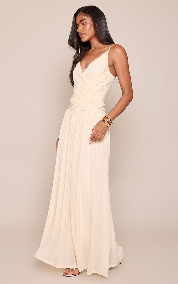 PrettyLittleThing Cream Mesh Cross Over Strappy Maxi Dress - Image 3