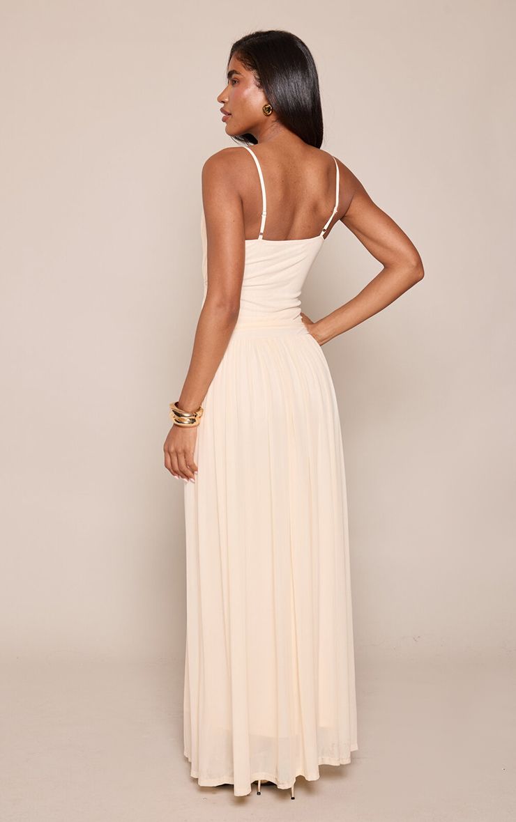 PrettyLittleThing Cream Mesh Cross Over Strappy Maxi Dress - Image 2