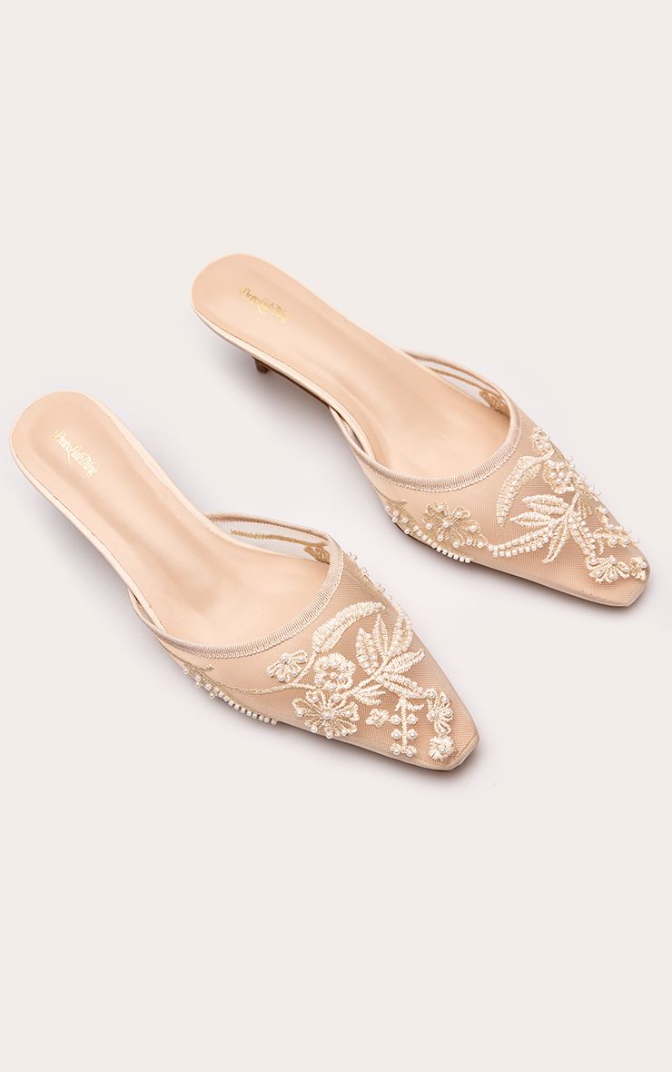 PrettyLittleThing Ivory Mesh Sequin Snip Toe Kitten Heel Mule - Image 3
