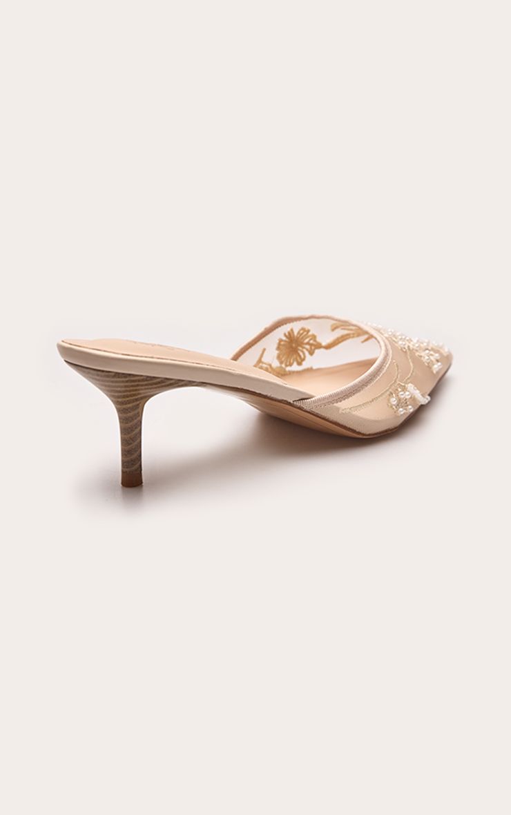 PrettyLittleThing Ivory Mesh Sequin Snip Toe Kitten Heel Mule - Image 2