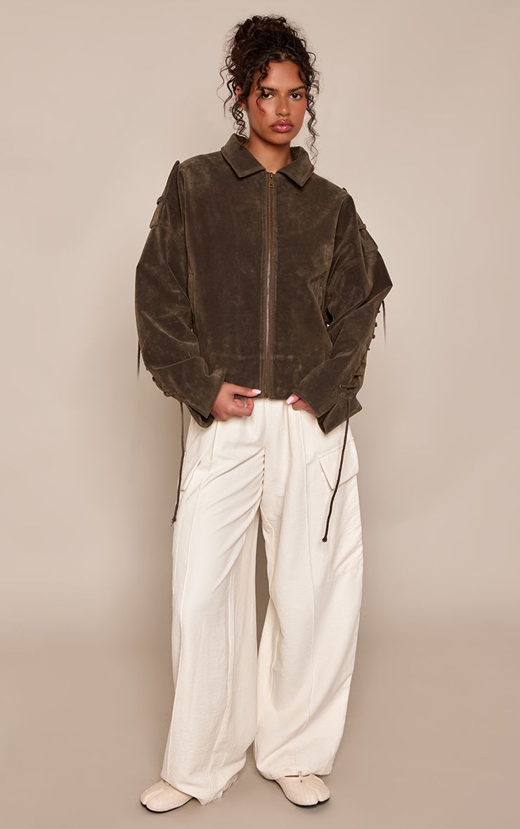 PrettyLittleThing Khaki Lace Up Back Faux Suede Jacket - Image 3