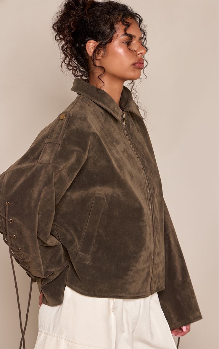 PrettyLittleThing Khaki Lace Up Back Faux Suede Jacket - Image 2