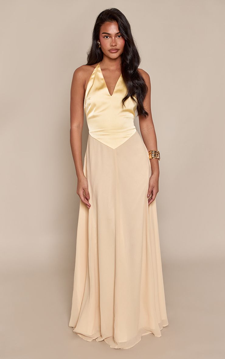 PrettyLittleThing Lemon Satin Contrast Strappy Maxi Dress - Image 2