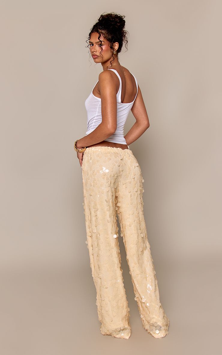 PrettyLittleThing Lemon Sheer Disc Sequin Drawstring Wide Leg Trousers - Image 3