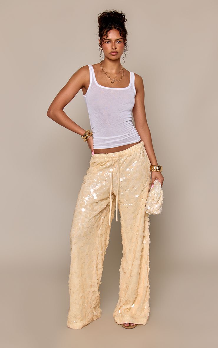PrettyLittleThing Lemon Sheer Disc Sequin Drawstring Wide Leg Trousers - Image 2