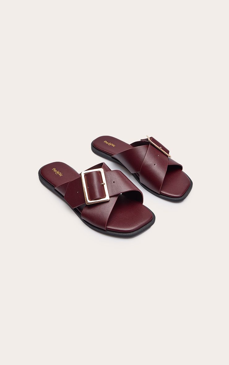 PrettyLittleThing Maroon Wide Fit Buckle Cross Over Flat Sandals - Image 3