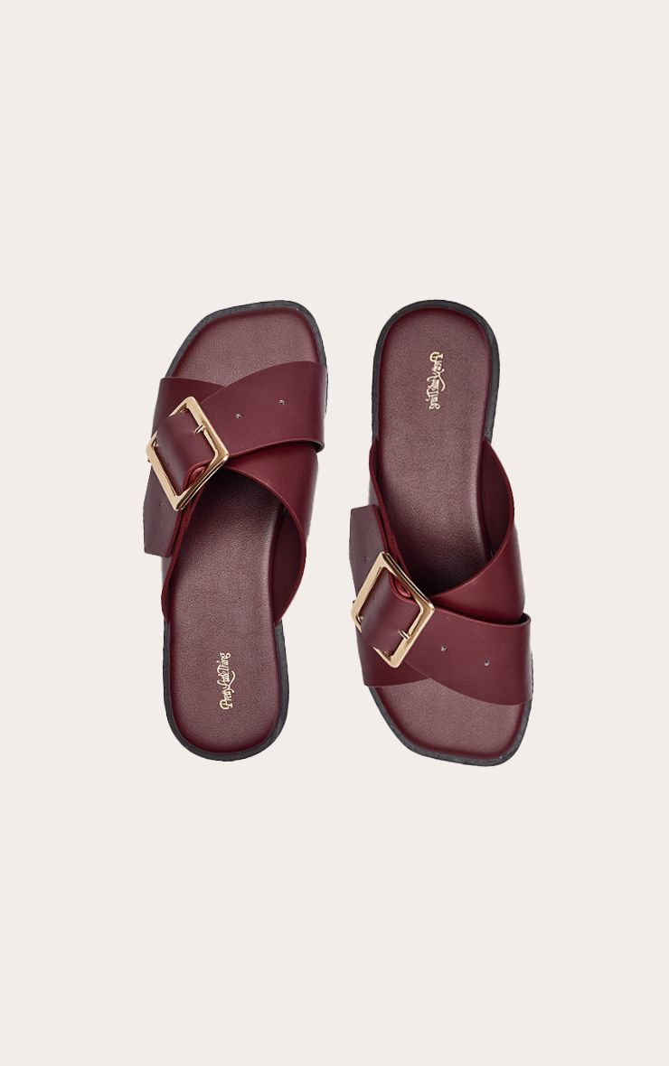 PrettyLittleThing Maroon Wide Fit Buckle Cross Over Flat Sandals - Image 2