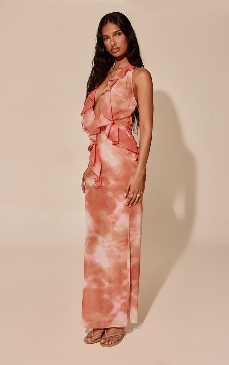 PrettyLittleThing Orange Abstract Print Chiffon Plunge Frill Detail Maxi Dress - Image 3